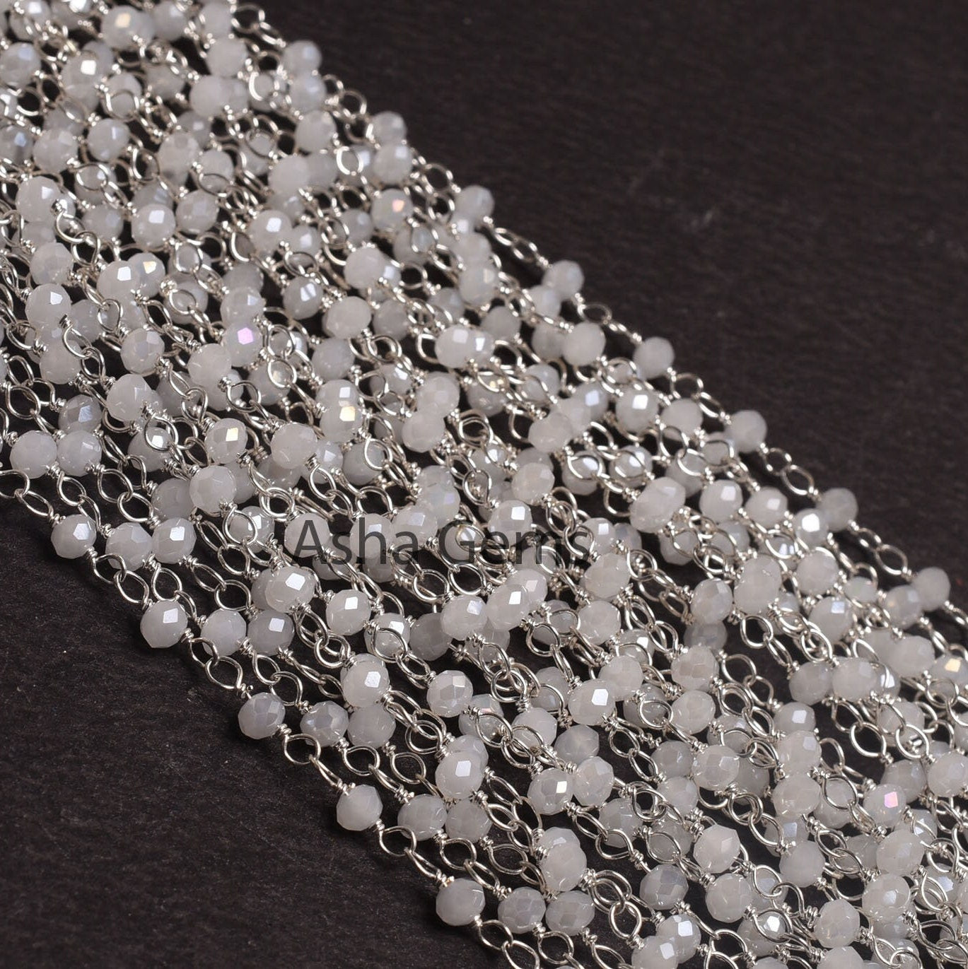Beautiful White Moonstone Coated Hydro Beads Rosary Chain 1,5,10,50Ft Silver Plated, Wire Wrap Chain, Jewelry Making Beads Rosary Chain SALE