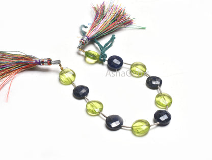 Beautiful Lapis Lazuli+ Peridot Hydro Faceted Coin Shape Gemstone Beads,11mm Multi Color Stone Coin Straight Drill Bead Jewelry Making Craft