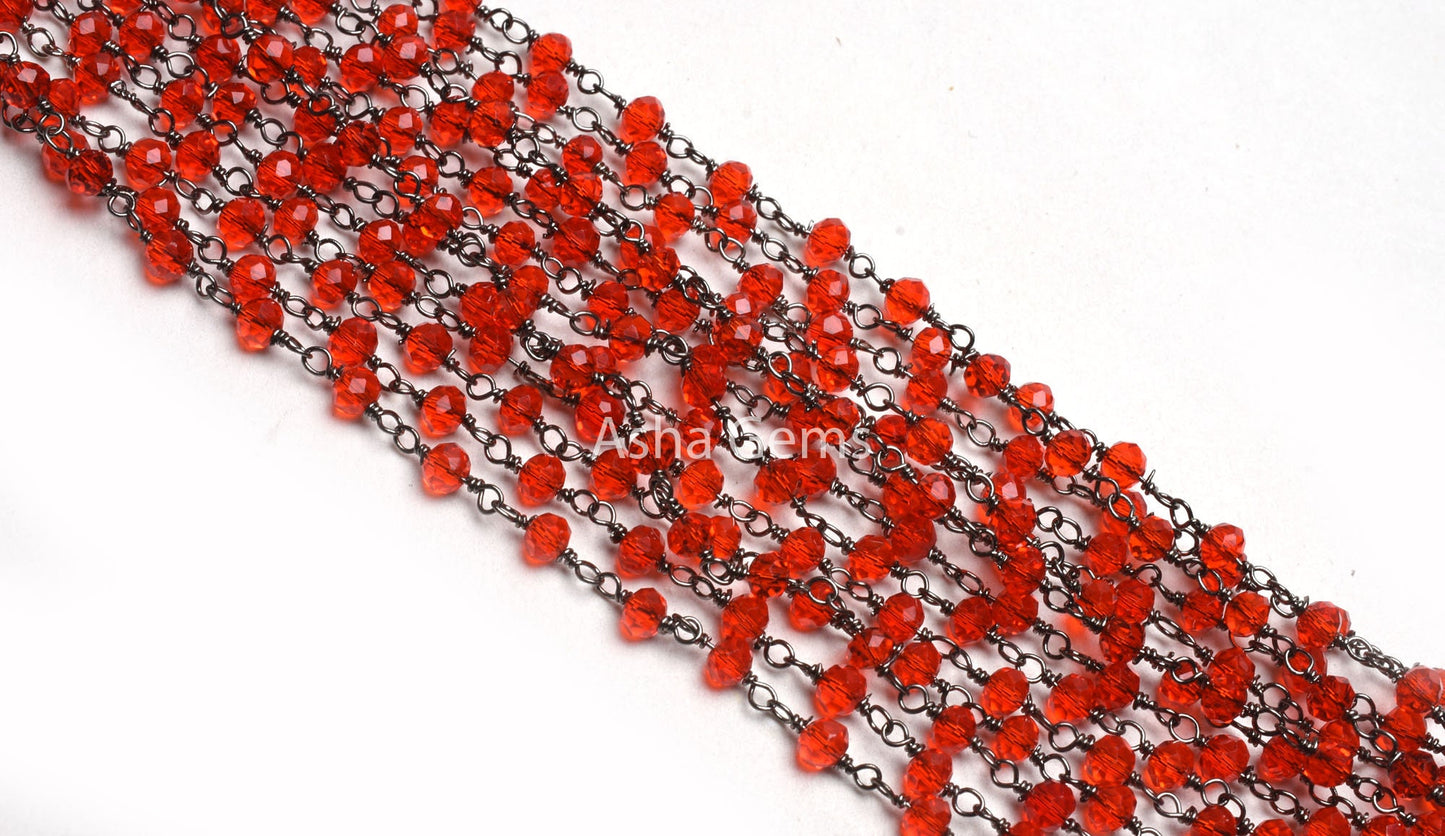 3-3.5 mm Red Quartz Hydro Jewelry Crafts Rosary Chain 1-50 Feet Red Quartz Faceted Rondelle Bead Chain Black Metal Wire Plated Finding Chain
