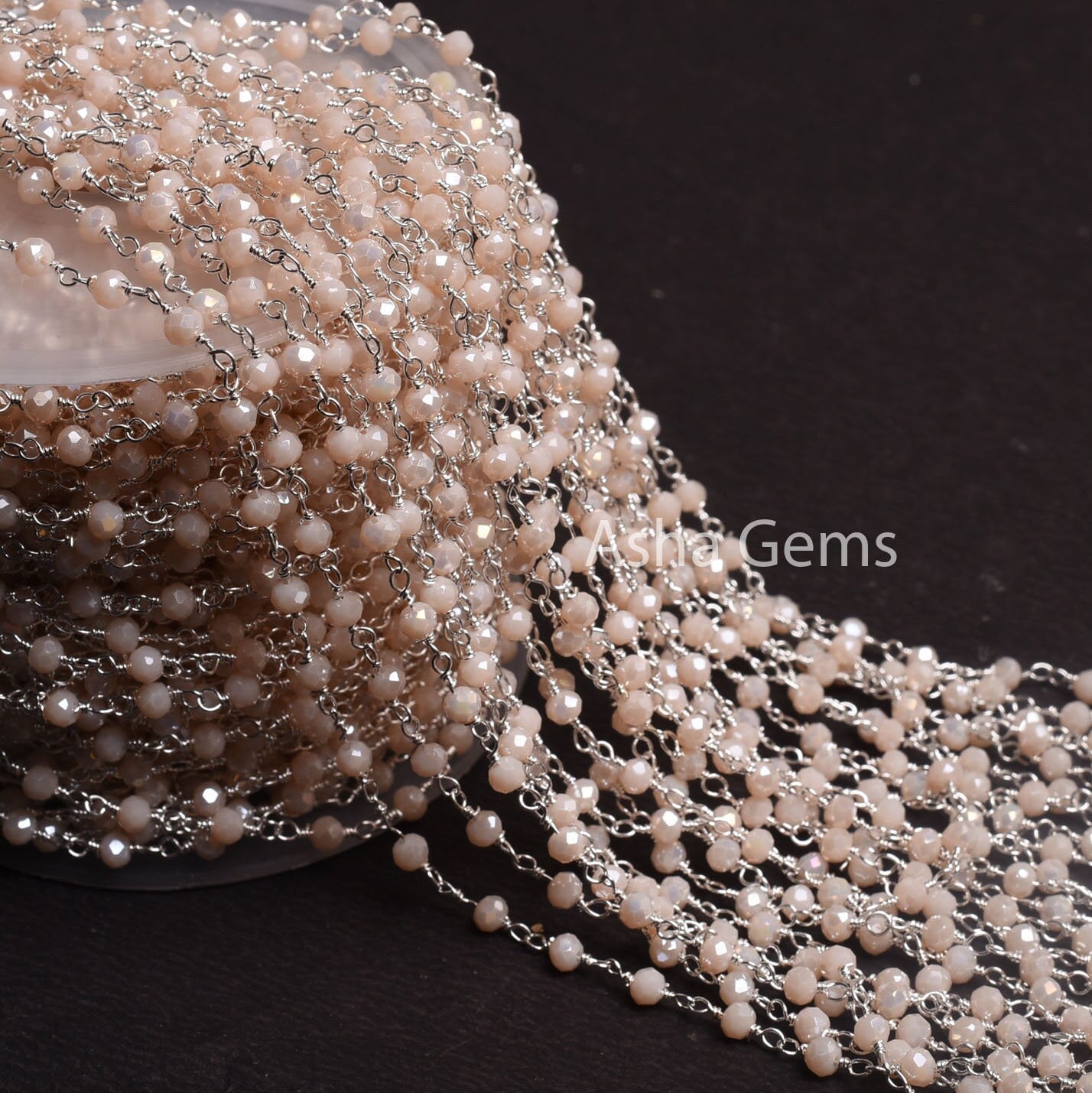 Silver Plated 3,5,10,25Ft,Pink Opal Hydro Coated Rondelle Faceted Beaded Rosary Chain Wire Bulk Roll Finding Chain 3-3.5mm Bead Rosary Chain