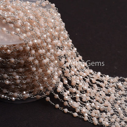 Silver Plated 3,5,10,25Ft,Pink Opal Hydro Coated Rondelle Faceted Beaded Rosary Chain Wire Bulk Roll Finding Chain 3-3.5mm Bead Rosary Chain