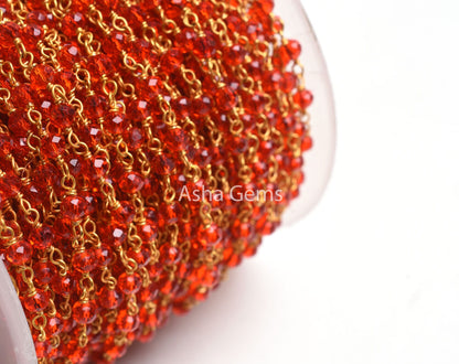3,5,10,25 Feet Red Quartz Hydro Faceted Rondelle Beaded Rosary Chain gold Plated Wire Red Crystal Jewelry Making Finding 3 mm Crafts Chain