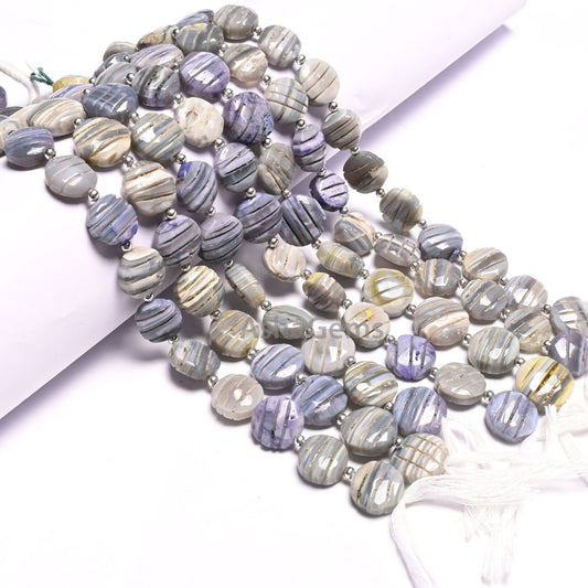 Beautiful Opal Coin Shape carving Gemstone Beads,9"Strnd Shaded Grey Blue Boulder Opal carved coin handmade Straight Drill Bead Jewelry SALE