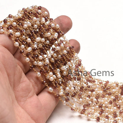 Rosary Chain by Foot Pearl Garnet Hydro Faceted Beads Chain Gold Plated Wire Bulk Roll Jewelry Making Rondelle Beaded Rosary Chain Craft DIY