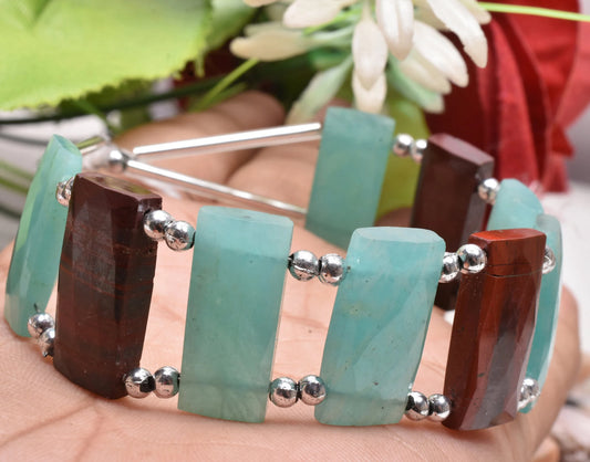 AAA Blue Amazonite, Red Jasper fancy Rectangle Beads, Natural Peru Amazonite,Jasper Chicklet Multi Color Gemstone Bead Bracelet Jewelry SALE(AG 18566)