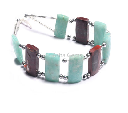 AAA Blue Amazonite, Red Jasper fancy Rectangle Beads, Natural Peru Amazonite,Jasper Chicklet Multi Color Gemstone Bead Bracelet Jewelry SALE(AG 18566)