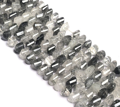 Natural Black Rutile fancy Shape Twisted Beads,8-9 mm Fine Rutilated Quartz Faceted Center Drill Fancy Gemstone Beads Jewelry Making Crafts(AG 18558)