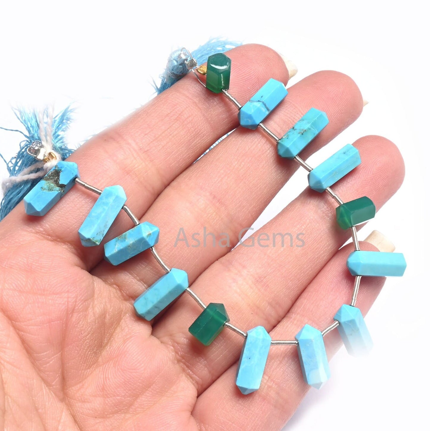 (Blue Turquoise Howlite+ Green Onyx Fancy Bullet Shape Gemstone Beads, Turquoise,Onyx Fancy Side Drill Pencil Tube Beads Jewelry Making Craft(AG 18562)