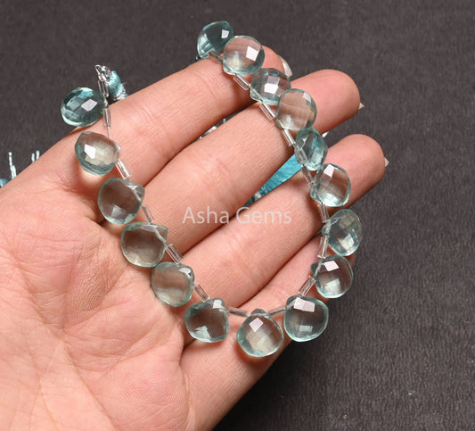 Beautiful Aquamarine Color Hydro faceted Heart Shape Beads,8.5" Aqua Blue Hydro fancy Heart Briolette Checker Cut Beads Jewelry Making Craft (AG 18830)