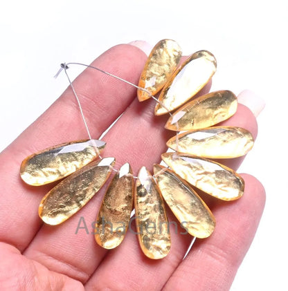 Beautiful Natural Crystal Gold Foil Smooth Long Pears Shape Beads,8-24mm Quartz Gold Foil handmade Long Teardrop Gemstone Bead Jewelry Craft(AG 18701 )