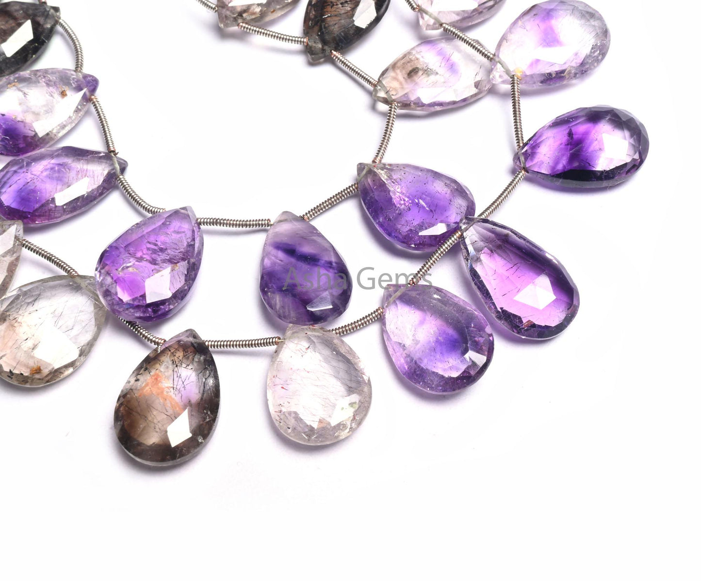 Beautiful Rare Amethyst Rutile Faceted Pears Gemstone Loose Beads,8" Shaded Moss Amethyst Rutile Teardrop Briolette Beads Jewelry Craft SALE (AG 18519)