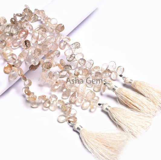 Beautiful Rutile Quartz Faceted Pears Shape Gemstone Beads,8" Natural Rutilated quartz Teardrop Briolette Rutile Beads Jewelry Crafts SALE(AG 18535 )