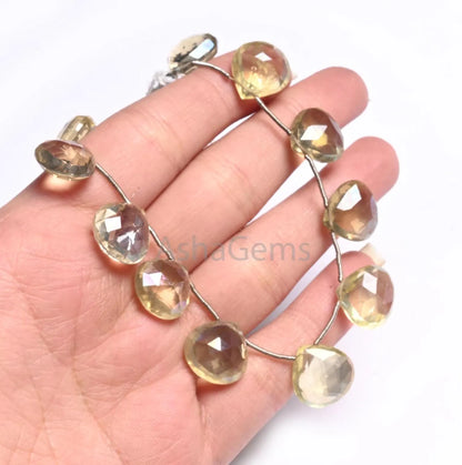 14 mm Beautiful Crystal Quartz Lemon Color Coated Heart Gemstone Beads, Fine Crystal Mystic Coated faceted Heart Briolette Bead Jewelry SALE(AG 18573)
