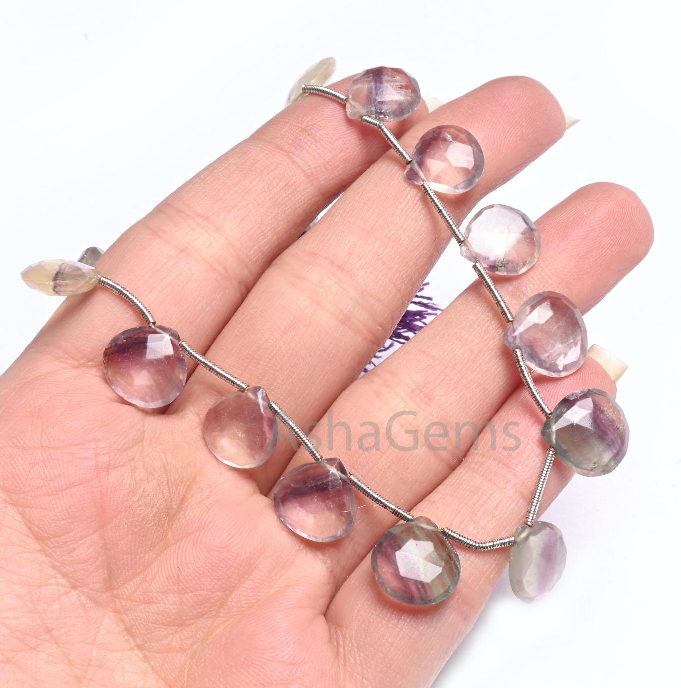 8" Beautiful Multi Color Fluorite Faceted Heart Gemstone Beads,10-12.5 mm Natural Fluorite Briolette Heart Bio Fluorite Beads Jewelry SALE(AG 18574)