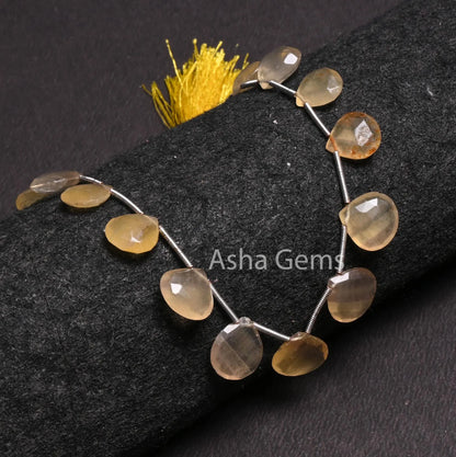 8" Fine Yellow Fluorite faceted Heart Shape Gemstone Beads,10-12.5 mm Shaded natural Fluorite Heart Briolette Side Drill Beads Jewelry Craft (AG 18576)