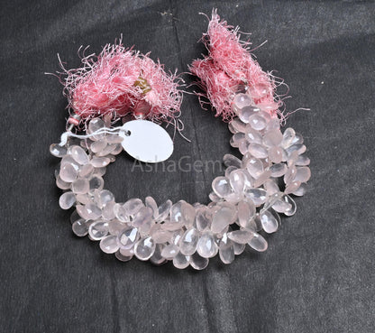 Fine Rose Quartz Pears Shape Faceted Gemstone Side Drill Beads,8" Natural Pink Rose Quartz Teardrop Briolette Rose Quartz Beads Jewelry SALE (AG 18858)