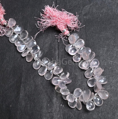 Fine Rose Quartz Pears Shape Faceted Gemstone Side Drill Beads,8" Natural Pink Rose Quartz Teardrop Briolette Rose Quartz Beads Jewelry SALE (AG 18858)