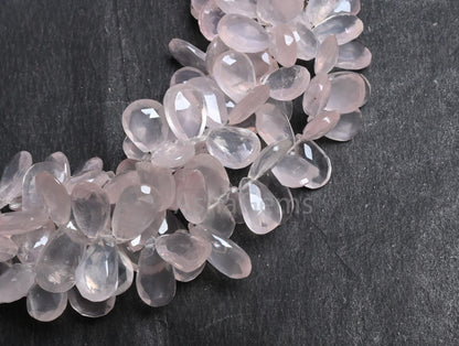 Fine Rose Quartz Pears Shape Faceted Gemstone Side Drill Beads,8" Natural Pink Rose Quartz Teardrop Briolette Rose Quartz Beads Jewelry SALE (AG 18858)