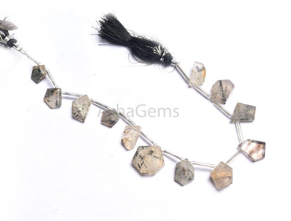 Beautiful Rutile Quartz Faceted Table Cut Nugget Beads,8" Natural Black Rutile Fancy Shape Slice Side Drill Briolette Gemstone Beads Jewelry (AG 18854)