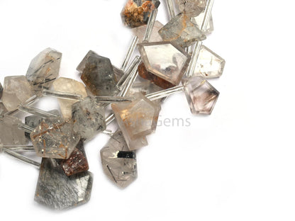 Beautiful Rutile Quartz Faceted Table Cut Nugget Beads,8" Natural Black Rutile Fancy Shape Slice Side Drill Briolette Gemstone Beads Jewelry (AG 18854)