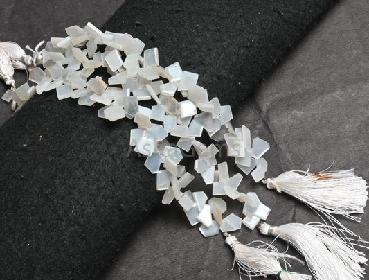 Fine Moonstone Fancy Flat Slice Faceted Gemstone Beads,8" Natural White Moonstone Fancy Uneven Table Cut Side Drill Nugget Briolette Jewelry (AG 18826)