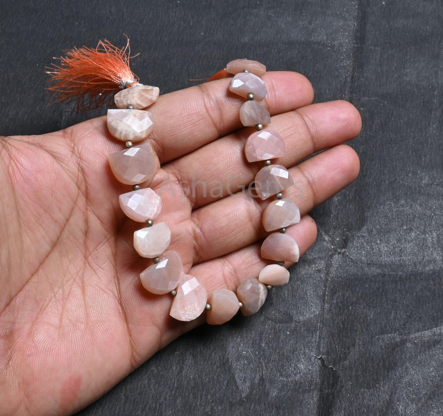 Natural Peach Moonstone Fancy D Shape Faceted Gemstone Beads,8" Pink Moonstone Half Moon Briolette Straight Drill Beads Jewelry Making Craft(AG 18817)
