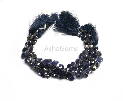 8" Natural Iolite Faceted Heart Shape Gemstone Loose Beads, Blue Iolite Heart Briolette Indian Machine Cut Side Dril Bead Jewelry Craft SALE (AG 18815)