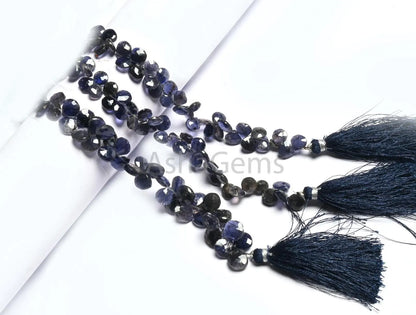 8" Natural Iolite Faceted Heart Shape Gemstone Loose Beads, Blue Iolite Heart Briolette Indian Machine Cut Side Dril Bead Jewelry Craft SALE (AG 18815)