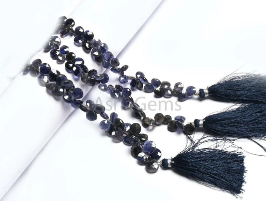 8" Natural Iolite Faceted Heart Shape Gemstone Loose Beads, Blue Iolite Heart Briolette Indian Machine Cut Side Dril Bead Jewelry Craft SALE (AG 18815)