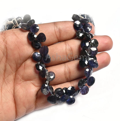 8" Natural Iolite Faceted Heart Shape Gemstone Loose Beads, Blue Iolite Heart Briolette Indian Machine Cut Side Dril Bead Jewelry Craft SALE (AG 18815)
