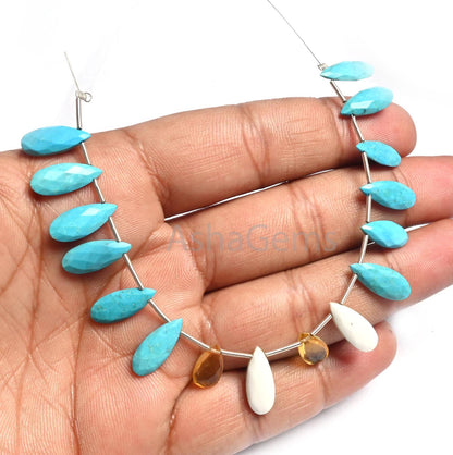 Beautiful Multi Howlite + Yellow Quartz Faceted Pears Beads, Shaded White, Blue Turquoise mix Color Stone Teardrop Briolette Beads Jewelry(AG 18797)