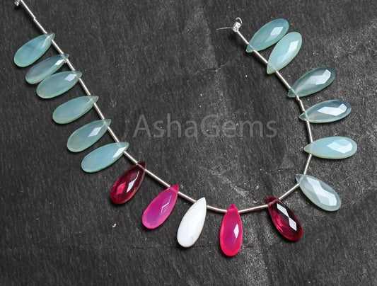 Beautiful Aqua + Pink Chalcedony and Pink Hydro Fancy Long Pears Shape Beads,6-15 mm Multi Gemstone Teardrop Briolette faceted Beads Jewelry (AG 18790)