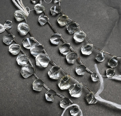 Natural Crystal quartz Fancy Twisted Drop faceted Beads, Fine White Crystal Twisted Teardrop Briolett Side Drill Fancy Gemstone Bead Jewelry (AG 18767)