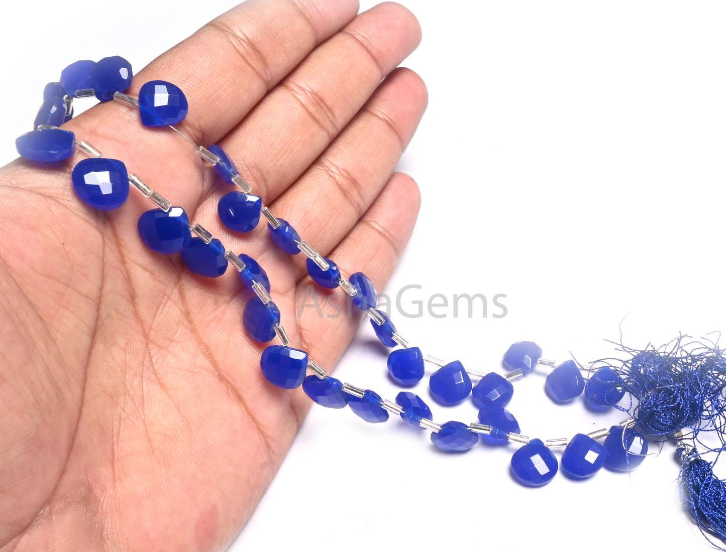 AAA Quality Blue Chalcedony Hydro Checker Cut Heart Side Drill Beads,7.5" Deeper Blue Hydro Faceted Heart Briolette Beads Jewelry Craft SALE(AG 18760)