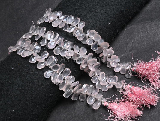 Fine Rose Quartz Pears Shape Faceted Gemstone Side Drill Beads,8" Natural Pink Rose Quartz Teardrop Briolette Rose Quartz Beads Jewelry SALE (AG 18858)
