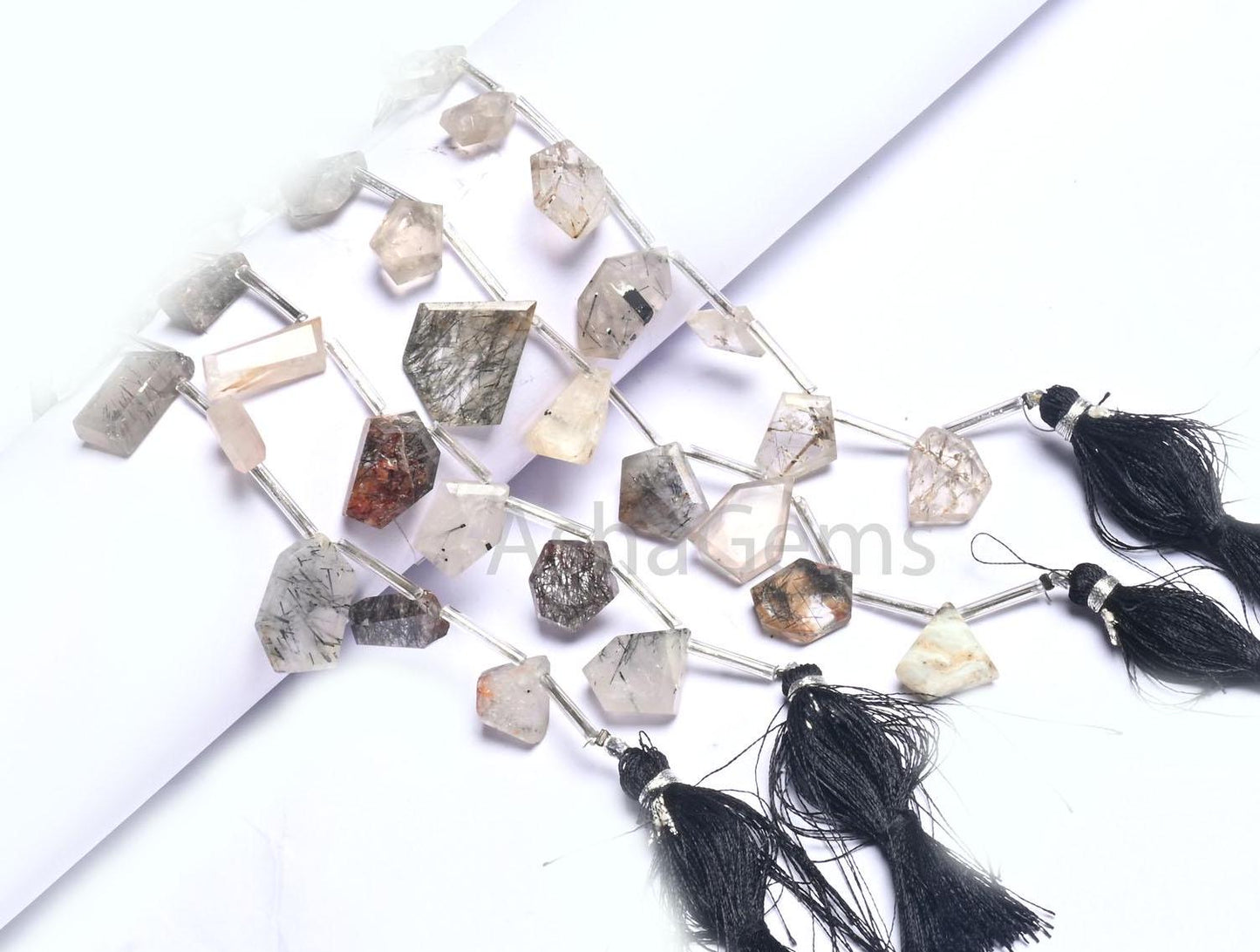 Beautiful Rutile Quartz Faceted Table Cut Nugget Beads,8" Natural Black Rutile Fancy Shape Slice Side Drill Briolette Gemstone Beads Jewelry (AG 18854)