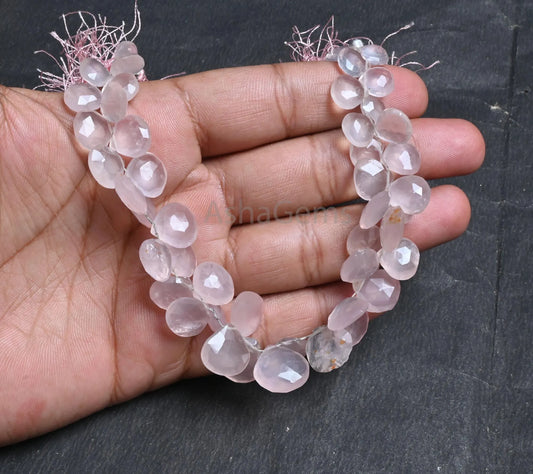9-14 mm Fine Rose Quartz Faceted Heart Shape Gemstone Beads,8" Natural Pink Rose Quartz Heart Briolette Side Drill Pink Quartz Bead Jewelry (AG 18848)