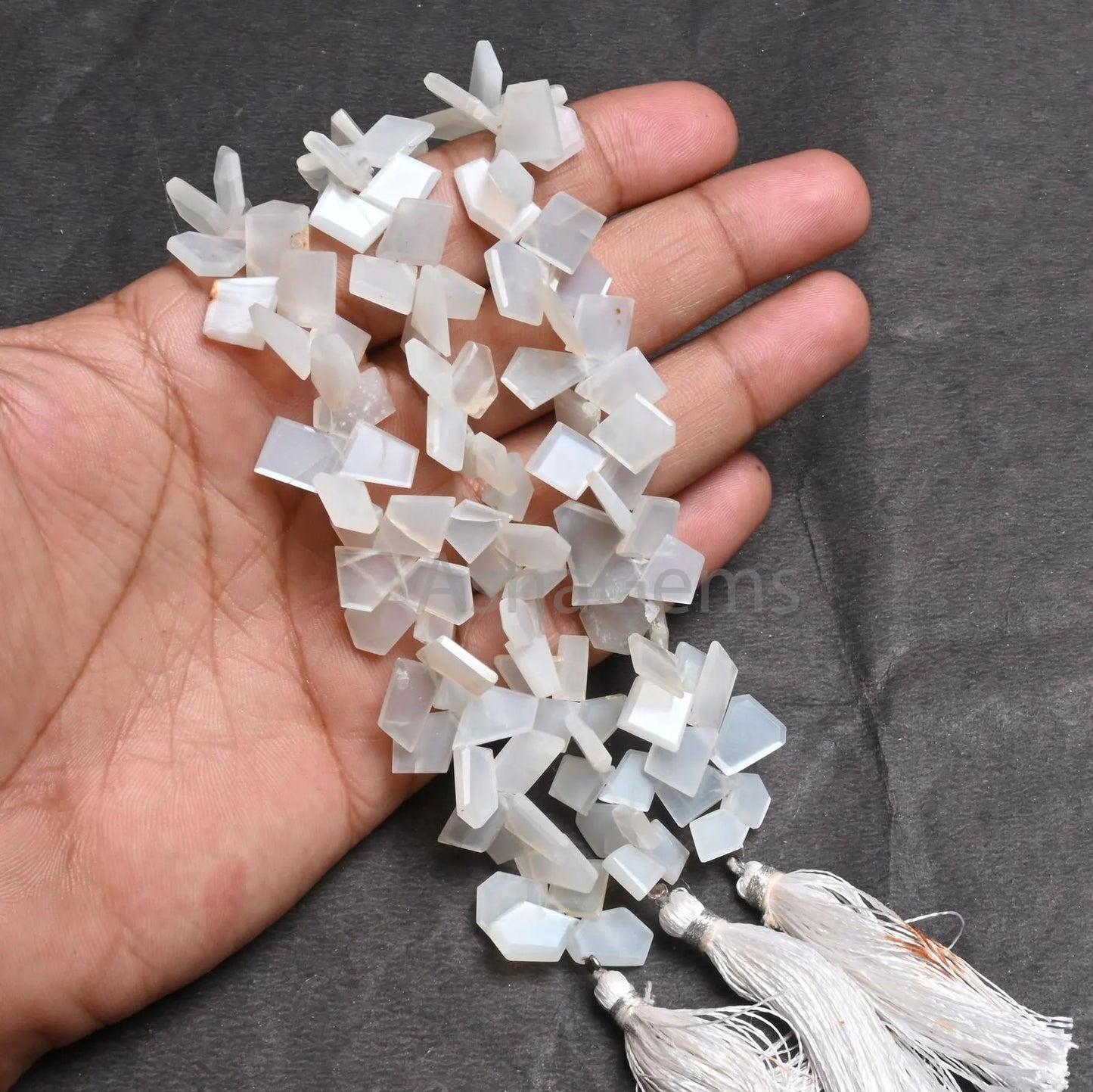 Fine Moonstone Fancy Flat Slice Faceted Gemstone Beads,8" Natural White Moonstone Fancy Uneven Table Cut Side Drill Nugget Briolette Jewelry (AG 18826)