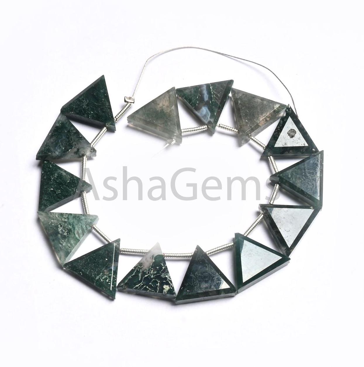 Natural Moss Green Agate fancy Trillion Shape Gemstone Beads,13-15 mm Rare Moss Agate Fancy Flat table Cut Triangle Side Drill Beads Jewelry (AG 18813)