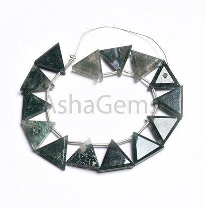 Natural Moss Green Agate fancy Trillion Shape Gemstone Beads,13-15 mm Rare Moss Agate Fancy Flat table Cut Triangle Side Drill Beads Jewelry (AG 18813)