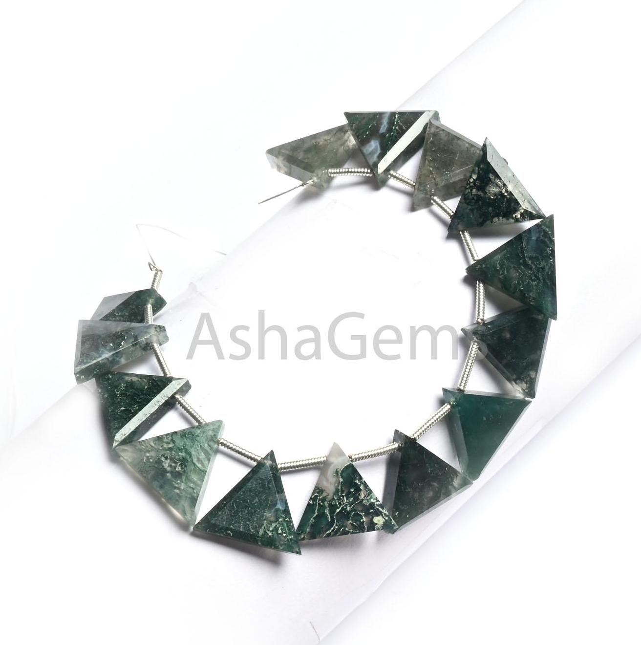 Natural Moss Green Agate fancy Trillion Shape Gemstone Beads,13-15 mm Rare Moss Agate Fancy Flat table Cut Triangle Side Drill Beads Jewelry (AG 18813)