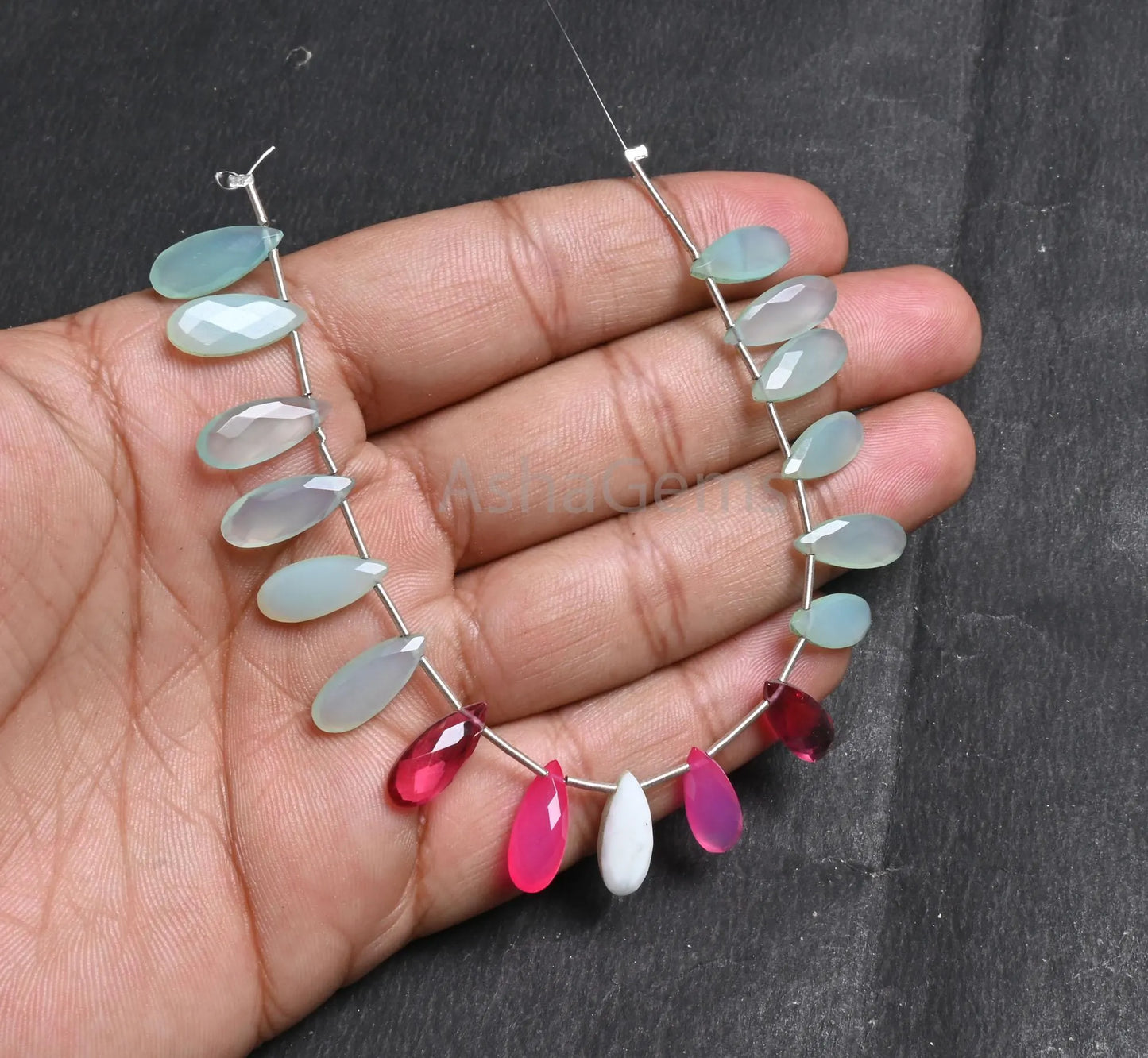 Beautiful Aqua + Pink Chalcedony and Pink Hydro Fancy Long Pears Shape Beads,6-15 mm Multi Gemstone Teardrop Briolette faceted Beads Jewelry (AG 18790)