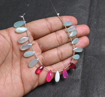 Beautiful Aqua + Pink Chalcedony and Pink Hydro Fancy Long Pears Shape Beads,6-15 mm Multi Gemstone Teardrop Briolette faceted Beads Jewelry (AG 18790)