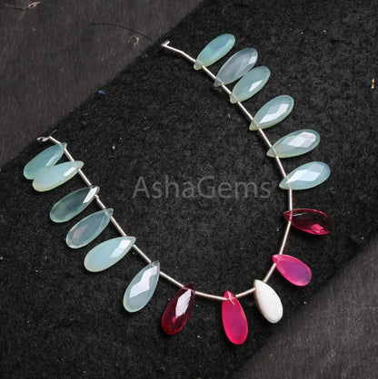 Beautiful Aqua + Pink Chalcedony and Pink Hydro Fancy Long Pears Shape Beads,6-15 mm Multi Gemstone Teardrop Briolette faceted Beads Jewelry (AG 18790)
