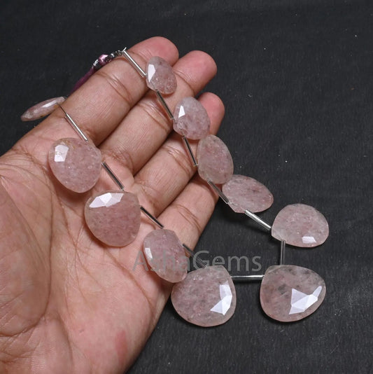Natural Pink Strawberry Quartz Heart Shape Faceted Beads,17-27 mm Strawberry Quartz Big Size Flat Heart Briolette Gemstone Bead Jewelry SALE (AG 18769)