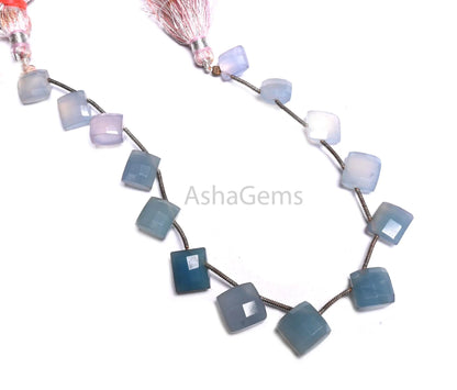 Blue Chalcedony Fancy Cushion Shape Gemstone Loose Beads,8-10.5mm Fine Chalcedony Square Faceted Side Drill Gemstone Bead Jewelry Craft SALE(AG 18726 )