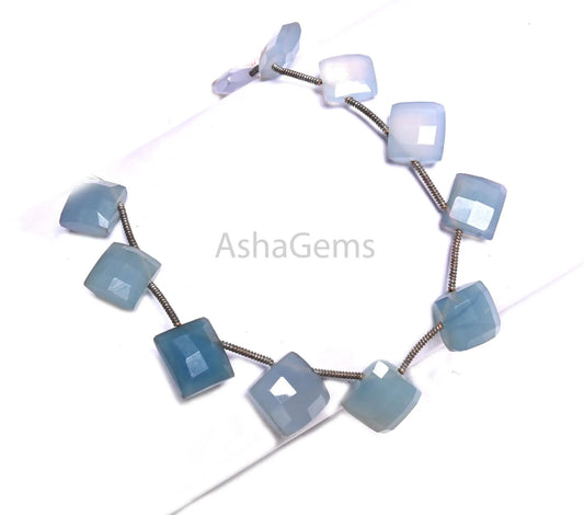 Blue Chalcedony Fancy Cushion Shape Gemstone Loose Beads,8-10.5mm Fine Chalcedony Square Faceted Side Drill Gemstone Bead Jewelry Craft SALE(AG 18726 )