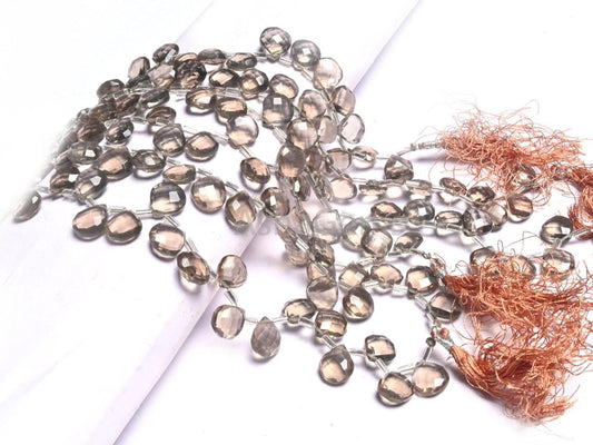AAA Quality Smoky Quartz Hydro faceted Heart Shape Side Drill Beads, Translucent Light Gray Hydro Heart Briolette Brown Quartz Beads Jewelry (AG 18745)