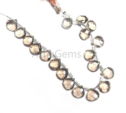 AAA Quality Smoky Quartz Hydro faceted Heart Shape Side Drill Beads, Translucent Light Gray Hydro Heart Briolette Brown Quartz Beads Jewelry (AG 18745)
