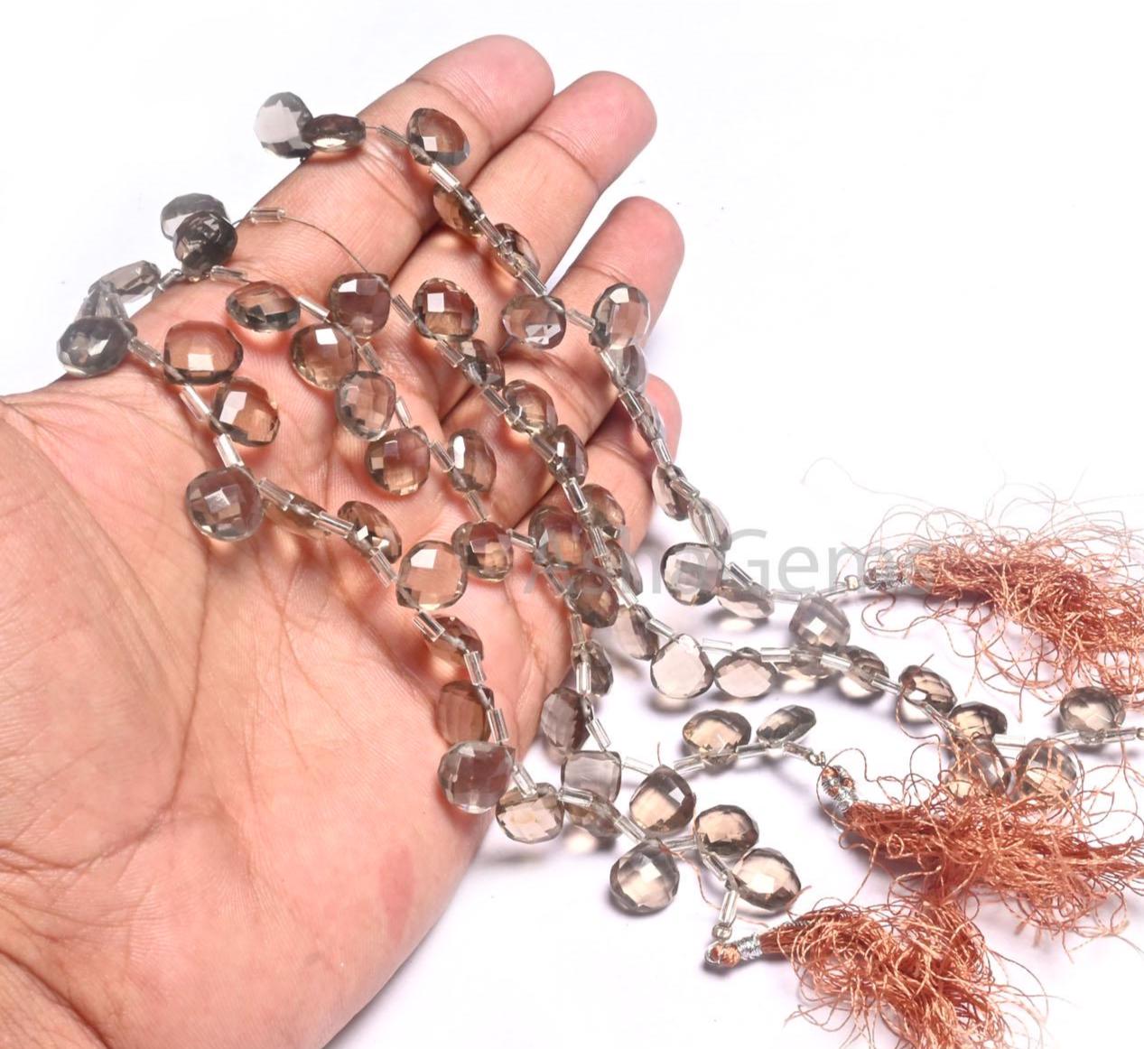 AAA Quality Smoky Quartz Hydro faceted Heart Shape Side Drill Beads, Translucent Light Gray Hydro Heart Briolette Brown Quartz Beads Jewelry (AG 18745)